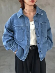 FRIFUL Women's Tie-Neck Casual Versatile Daily Denim Top - Blue - View 3