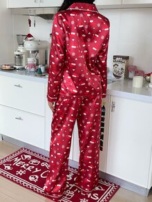 ZzzCrew Faux Silk Minimalist Lapel Button Long Sleeve Loungewear, Christmas Element Print 2 Pieces Set - Red - View 3