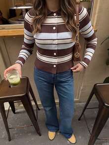 Serisse Cardigan Rajut Bergaris Elegan Premium Vintage Wanita - Coklat - View 4