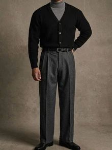 DAZY Autumn/Winter V-Neck Cardigan With Cuffed Sleeves And Hem, Solid Black Commuter Style Men's Cardigan - Black - View 7