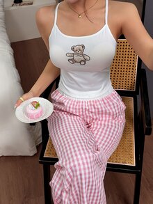 Napfluff Conjunto de 2 piezas de Camisola con Estampado de Oso Lindo + Pantalones de Pierna Ancha a Cuadros Rosados, Conjunto de Pijama Casual para Mujer, Se Puede Usar en la Calle - Rosa - Ver 6