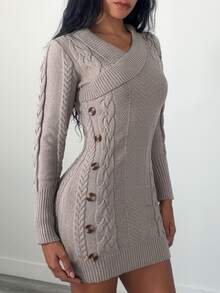 Elenzga Women's Vintage Layered Collar Button Decor Cable Knit Sweater Dress - Khaki - View 3