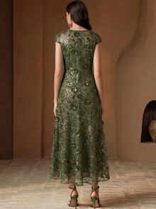 Anewsta Affair Women's Fall/Winter Elegant Sexy Olive Green 3D Applique Sequin Round Neck Cap Sleeve Mid-Length Evening Gown For Wedding Guest Party Ceremony - Green - View 7