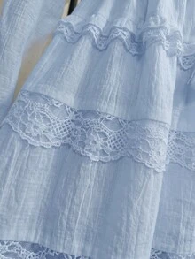 Cévolie Women's Summer Solid Color Lace Patchwork Ruffle Collar Tassel Tie Textured Dress - Blue - View 6