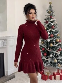 SHEIN Raffinéa Christmas Elegant Fitted High Neck Long Sleeve Rhinestone Embellished Waist-Cinching Ruffle Hem Burgundy Women Fall Winter Dress New Year Date Dinner - Burgundy - View 5