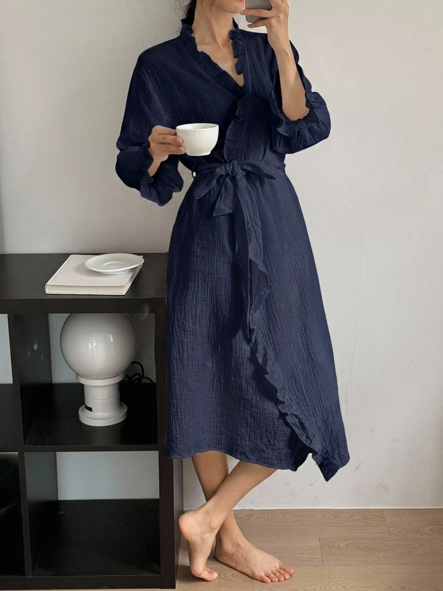 DAZY Romantic Ruffle Trim Long Lapel Robe Women's Loungewear - Navy Blue - View 1