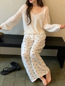 DAZY Women's Solid Color Drop Shoulder Long Sleeve Top, Camisole And Bow Pattern Long Pants Pajama Set Fall - White - View 5