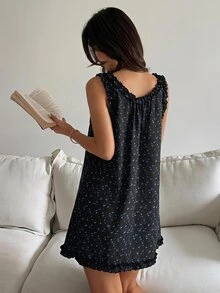 Livesso 女款甜美時尚花卉印花荷葉邊飾睡袍 秋季 - 黑色 - 查看 2
