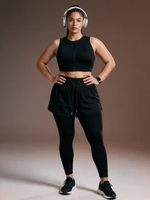 Powerista Women's Black 2 In 1 Plus Size Sports Leggings - Black - View 6