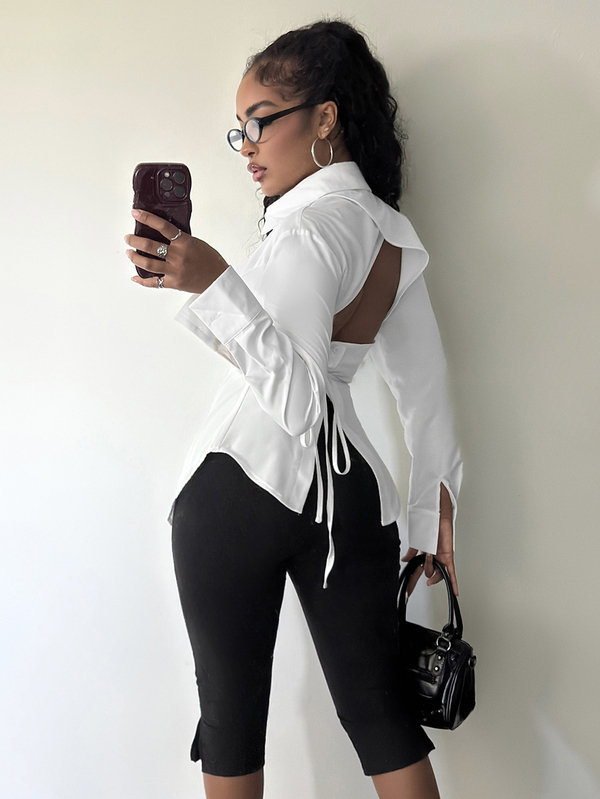 Slaydiva Women White Collared Back Cutout Twist Knot Split Back Long Sleeve Blouse Slim Backless Shirt Christmas Thanksgiving Going‑Out Top Back‑To‑School Wear