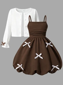 SHEIN Elladie kids 2件組女童幼兒套裝，溫柔女孩風白色長袖外套搭配粉色蝴蝶結細肩帶花苞洋裝，輕便休閒日常度假款，適合春夏 - 棕色 - 查看 3