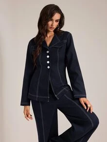 SHEIN Tall Women's Single-Breasted Long Sleeve Blazer And Pants Suit Set - Navy Blue - View 4