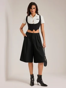 SHEIN Tall بنطلون بدلة واسع الساق بلون موحد أنيق وعملي متعدد الاستخدامات للتنقل والمكتب والأعمال، أسود، صيفي، مناسب ليوم المعلم - الأسود - مشاهدة 3