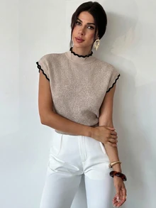 Firerie 優雅高領寬鬆休閒百搭拼接針織背心，時尚女款外出上衣，適合約會穿著 - 白色 - 查看 5