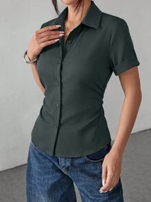 SHEIN PETITE Women's Solid Color Casual Versatile Daily Wear Shirt - Dark Grey - View 5