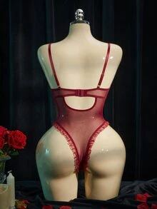 SpicyHot Women's Lace Contrast Mesh Sexy Bodysuit (Sexy + Sheer + Bodysuit + Underwire), Sexy Lingerie For Women, Adult, Honeymoon, Hot, Date Night, Lace - Burgundy - View 2