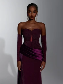 Elitara Women's Elegant Romantic Satin Patchwork Pleated Dress For Birthday Party, Wedding - Dark Purple - View 3