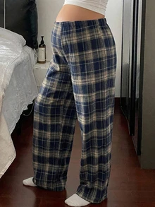 DAZY Plaid Loose Wide Leg Pants With Elastic Waist, Casual Daily Home Wear, Autumn/Winter Long Pants, Maternity Pants - Blue - View 6