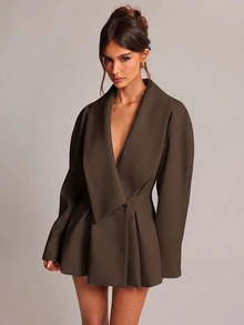 SHEIN BAE 女款素色休閒百搭通勤旅行西裝外套 - 咖啡棕 - 查看 6