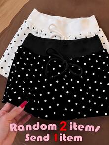 SHEIN Tween Girl Tween Girl Tween Girls Skirts Knitted Small Polka Dot With Built-In Leggings Casual Drawstring Skirt - Black - View 4