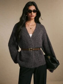 Poéselle Women's Charcoal Gray Fuzzy Wrap Cardigan – Soft V-Neck Open-Front Long-Sleeve Sweater With Relaxed Oversized Fit Brown Sweater Fall Winter Sweater - Brown - View 8