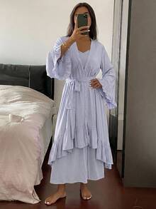 Livesso 2件組女款長版開襟外套與連身睡裙套裝，荷葉邊飾邊，春夏睡衣套裝 - 淺藍色 - 查看 5