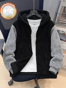 SHEIN 兒童青少年男孩開學休閒連帽對比色保暖內裡厚實梭織黑色秋冬外套，適合學校、花園、生日 - 彩色 - 查看 1