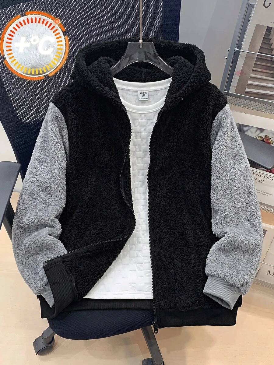 SHEIN 兒童青少年男孩開學休閒連帽對比色保暖內裡厚實梭織黑色秋冬外套,適合學校、花園、生日 - 彩色 - 查看 1