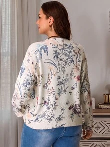 Rosumi Plus Size Women's Floral Pattern Round Neck Long Sleeve Casual Pullover Sweater - Apricot - View 2