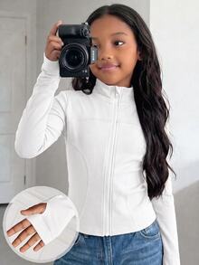 SHEIN Tween Girls Knit Black Stand Collar Long Sleeve Open Front Autumn Jacket - White - View 2