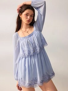 Willow Rêve 女款淺藍色寬鬆雪紡迷你洋裝，蕾絲飾邊，方領，雙層下擺，復古可愛浪漫田園風，適合秋季度假、派對、早午餐 - 紫色 - 查看 7