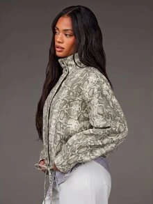 Athîral Denim 女款寬鬆版型灰色夾克，立領、前拉鍊、蛇紋印花，秋季亮眼街頭風，度假夜生活穿搭，女性電音派對造型 - 白色 - 查看 4