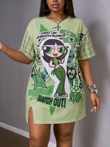 Slaydiva THE POWERPUFF GIRLS X SHEIN 大尺碼卡通印花洋裝，適合外出、街頭穿搭、Y2K風格 - 彩色 - 查看 3