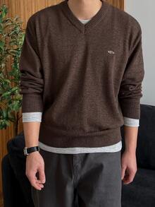 DAZY Autumn/Winter Brown Marled Knit Men's Sweater With Metal Label Design, V-Neck, Ribbed Cuffs And Hem - Rust Brown - View 1