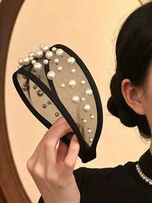 DAZY Fashionable Elegant Beaded Decor Wide Headband - Black and White - View 3