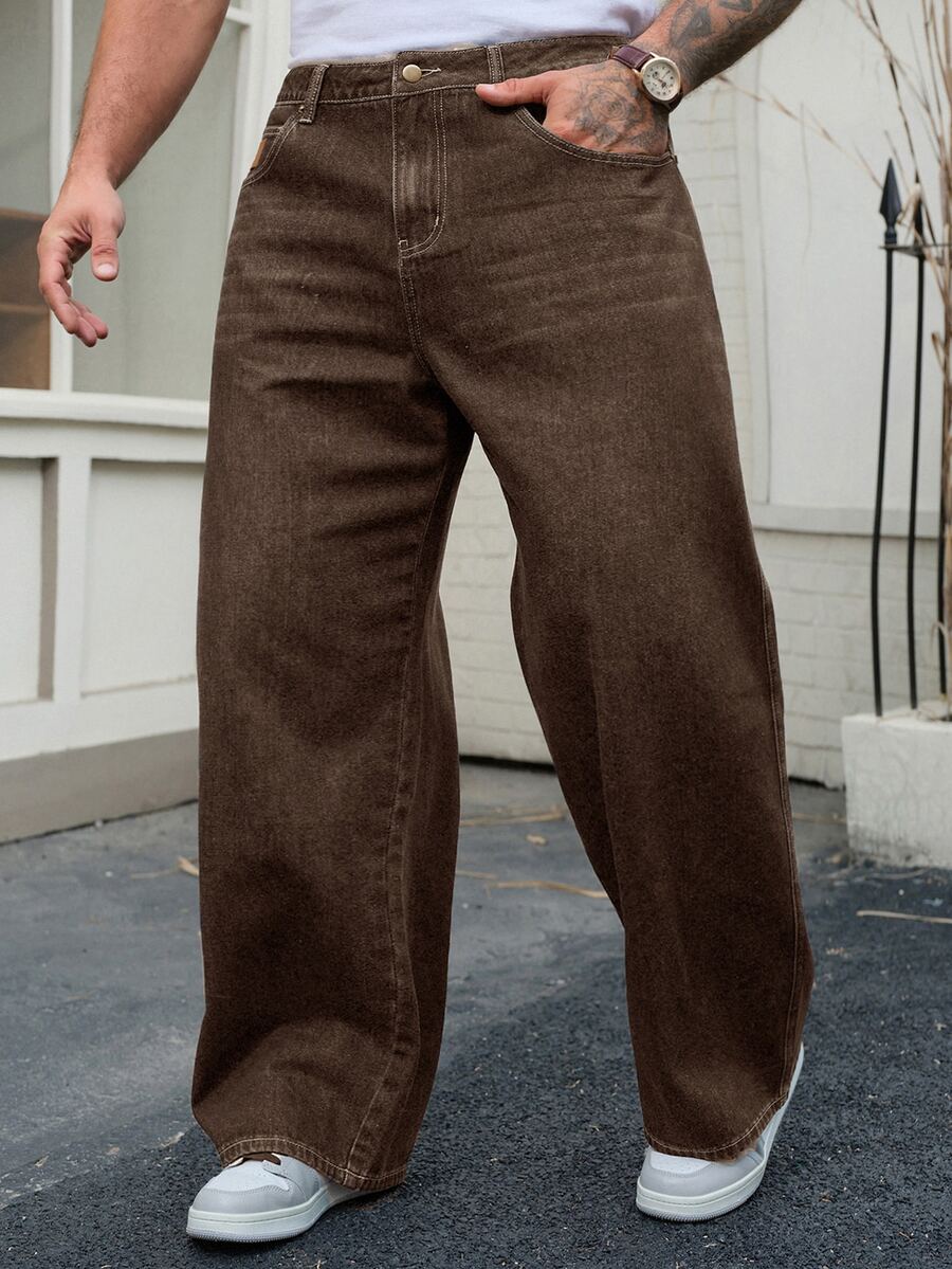 DAZY Spring/Autumn Brown Washed Distressed Semi-Elastic Waist Straight Leg Plus Size Men's Jeans - Brown - View 1