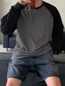 DAZY 春秋款黑色與深灰色拼接配色韓式男士長袖落肩袖T恤 - 深灰色 - 查看 3