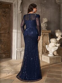 Aureia Plus Size Elegant Luxury Deep Blue Sequin Bead Sheer Long Sleeve Asymmetrical Neckline Ruched Fitted Mermaid Tail Train Patchwork Side Flounce Suitable For Wedding Events Evening Party Ball Heavy Work Evening Gown (Heavy Work Design) - Navy Blue - View 3