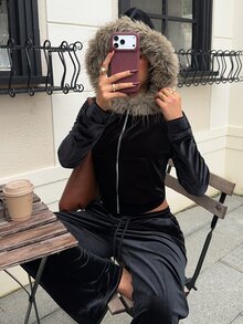 SHEIN EZwear 女款黑色天鵝絨針織拼接毛絨拉鍊前開連帽上衣與長褲兩件套 - 黑色 - 查看 3