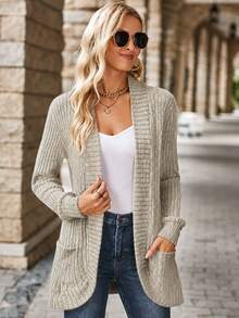 EMERY ROSE Women's Casual Ribbed Brushed Open Front Side Pocket Short Jacket - Khaki - View 5