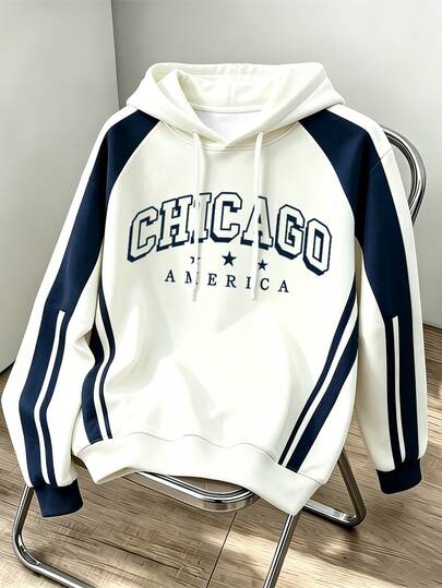 HypeHours Men's College Style CHICAGO Letter Print Off-White & Navy Blue Contrast Hoodie, Classic Casual Unisex Campus Sports Hoodie