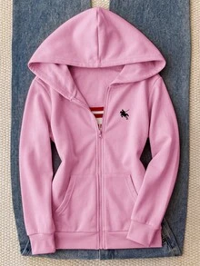 兒童青少年女孩休閒運動風灰色小馬刺繡裝飾連帽開襟衛衣，秋冬款 - 粉色 - 查看 6