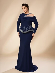 Serin Plus Size Elegant Minimalist Navy Blue Asymmetric Shoulder Design Handmade Rhinestone Decor 2 In 1 Mermaid Long Dress Suitable For Ball, Holiday Party, Formal Evening Event, Wedding, Mother Of The Bride Dress - Navy Blue - View 5
