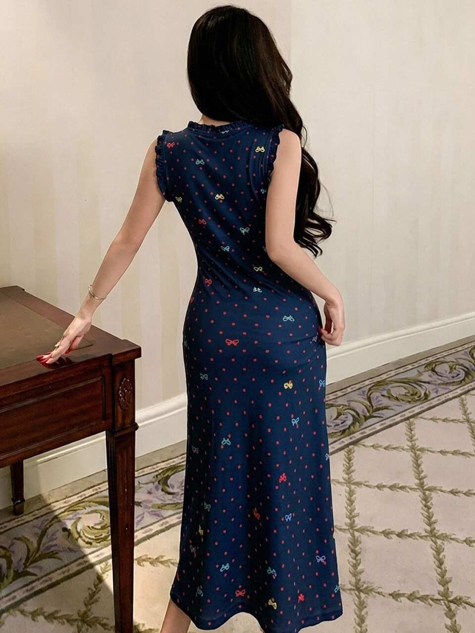Bowknot Polka Dot Pattern Sleeveless Dress Summer Women's Nightgown