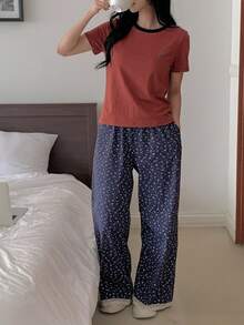 DAZY 2件組花卉圖案拼接撞色女款睡衣套裝 - 淺豆沙色 - 查看 5