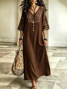Glimmora Women's V-Neck Casual Party Dress - Brown - View 1