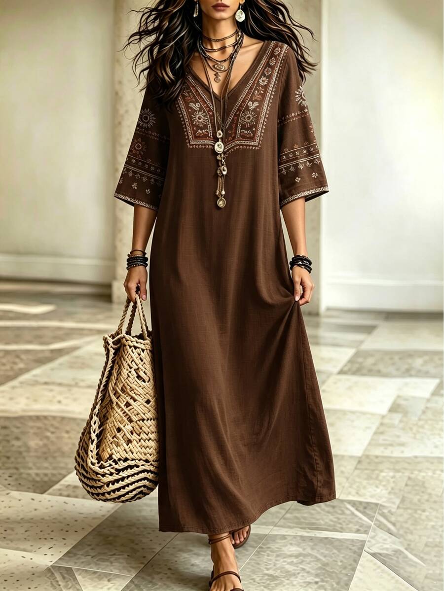 Glimmora Women's V-Neck Casual Party Dress - Brown - View 1