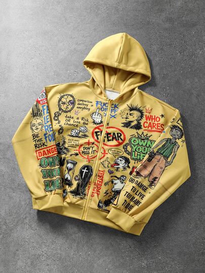 High Street amerikanischer Stil Washed distressed gelber Graffiti-Vollprint Porträt-Cartoon-Reißverschluss-Hoodie Sweatshirt Unisex Vintage Streetwear Kurz-Sweatshirt-Jacke Nischen-Design Graffiti-Muster