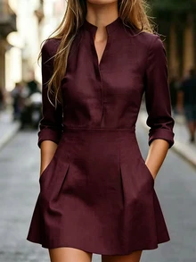 Trelyra Women's Solid Color Notch V-Neck Pocket Casual Mini Dress - Burgundy - View 3
