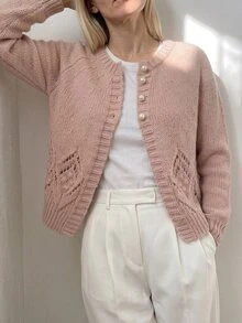 Omancia Elegant Round Neck Long Sleeve Single-Breasted Cardigan For Women - Dusty Pink - View 5